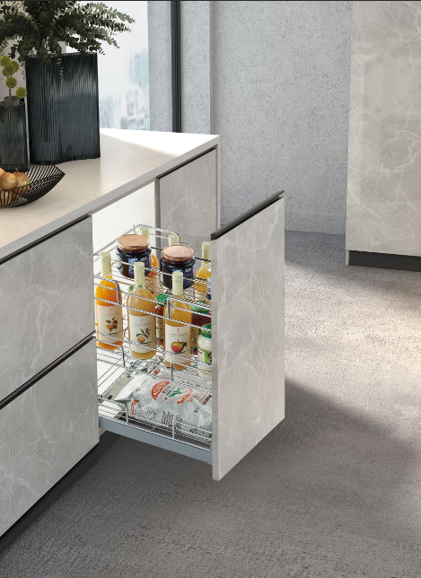 Space Saving Kitchen Cabinet Organizer with Three-Level Pull-Out Storage 3-tier pull-out cabinet organizer installed in narrow kitchen cabinet for storage