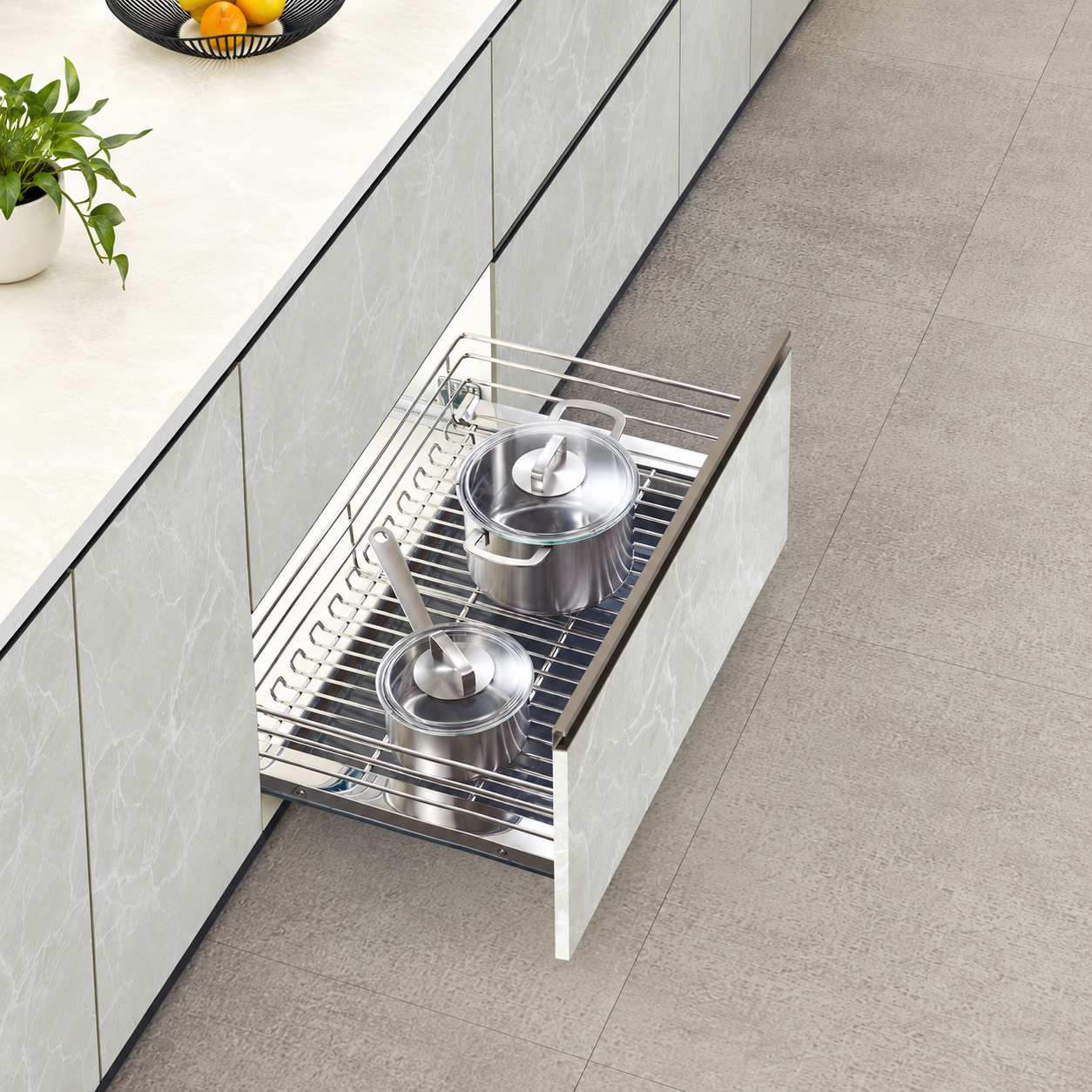Kitchen Cabinet Cookware Storage Hardware for Custom Furniture Projects Pull-out cookware basket for kitchen base cabinet storage systems