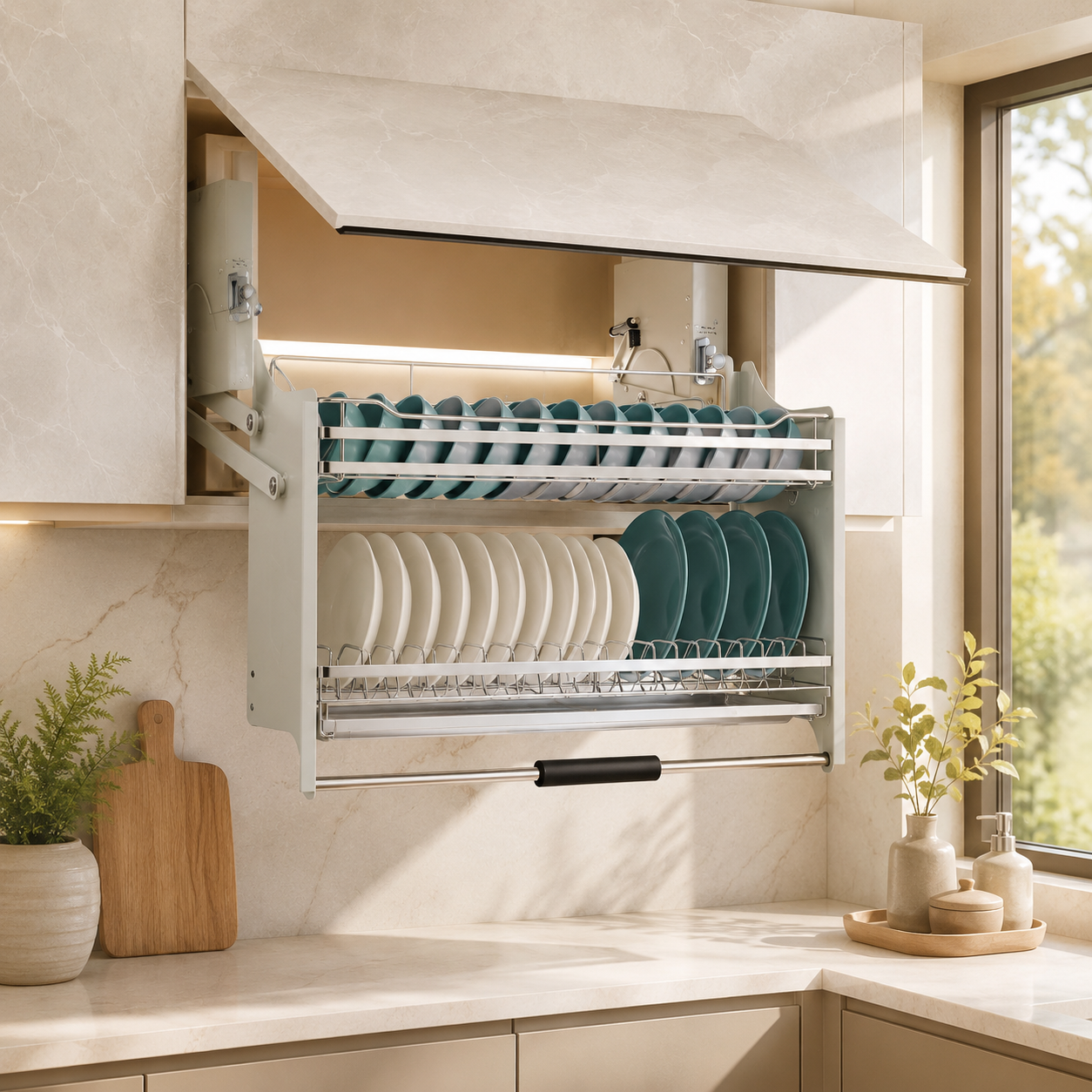 Smooth Pull Down Storage System for Modern Kitchen Cabinets Lift down kitchen cabinet storage rack with pull down mechanism