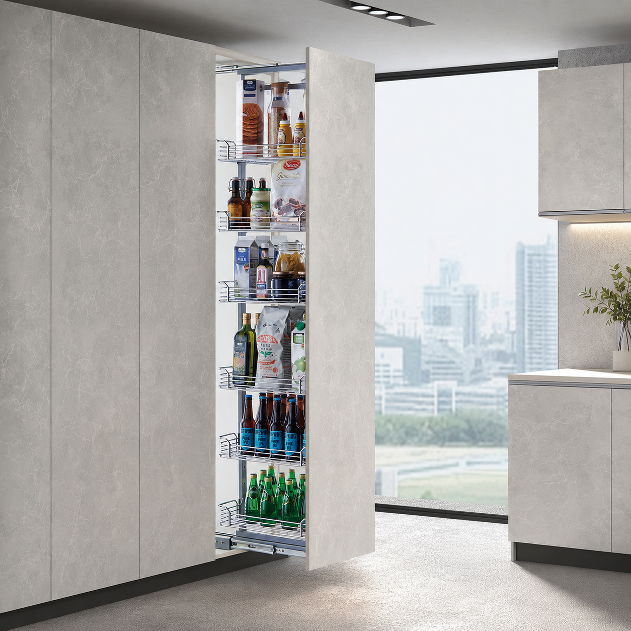 Tall Cabinet Pull-Out Pantry Storage System for Modern Kitchen Organization Full height pull-out pantry organizer installed in tall kitchen cabinet for vertical storage