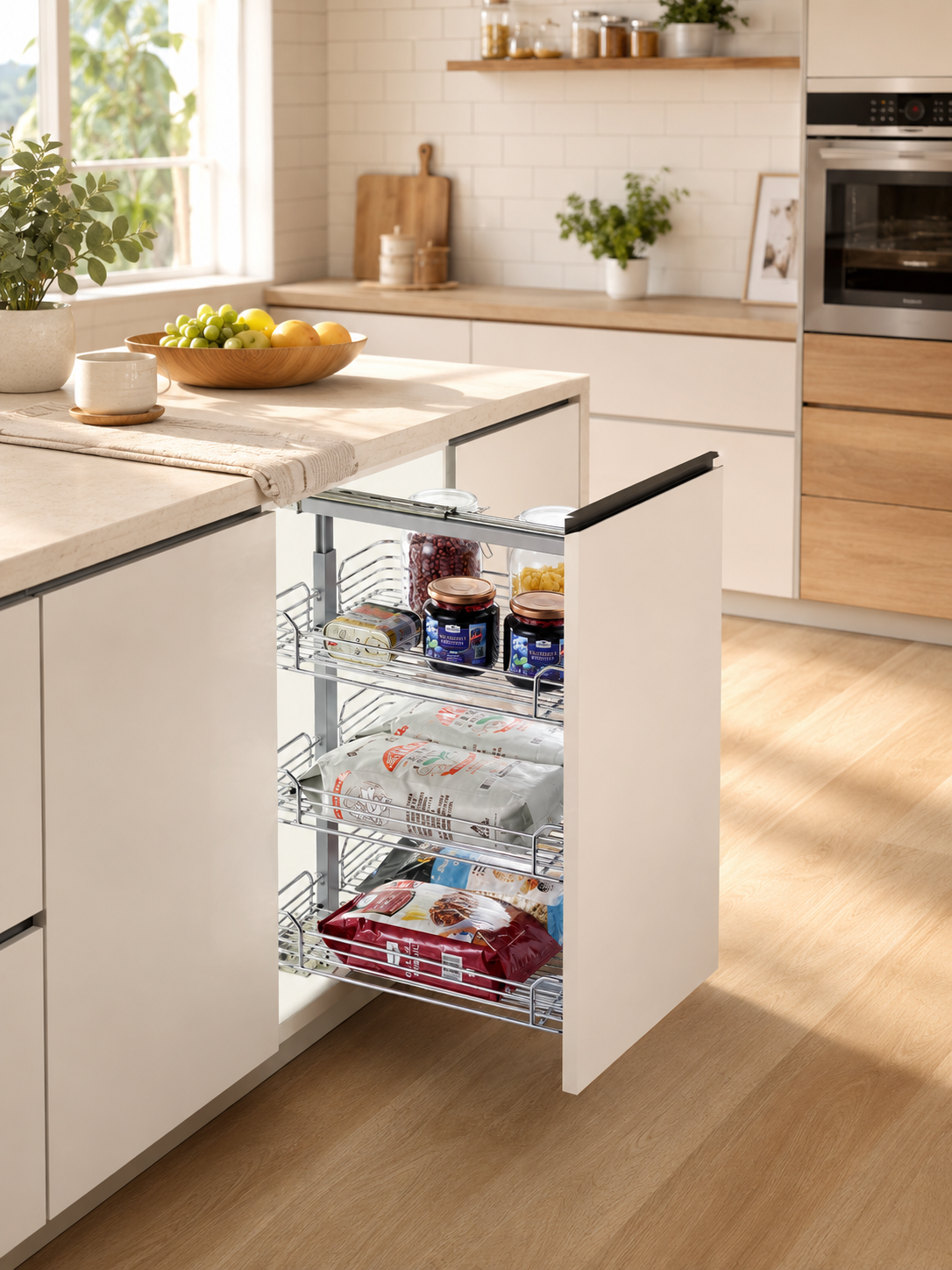 Multi-Level Pull-Out Storage Solution for Narrow Kitchen Cabinets Slim pull-out cabinet organizer with multi-tier storage baskets for kitchen
