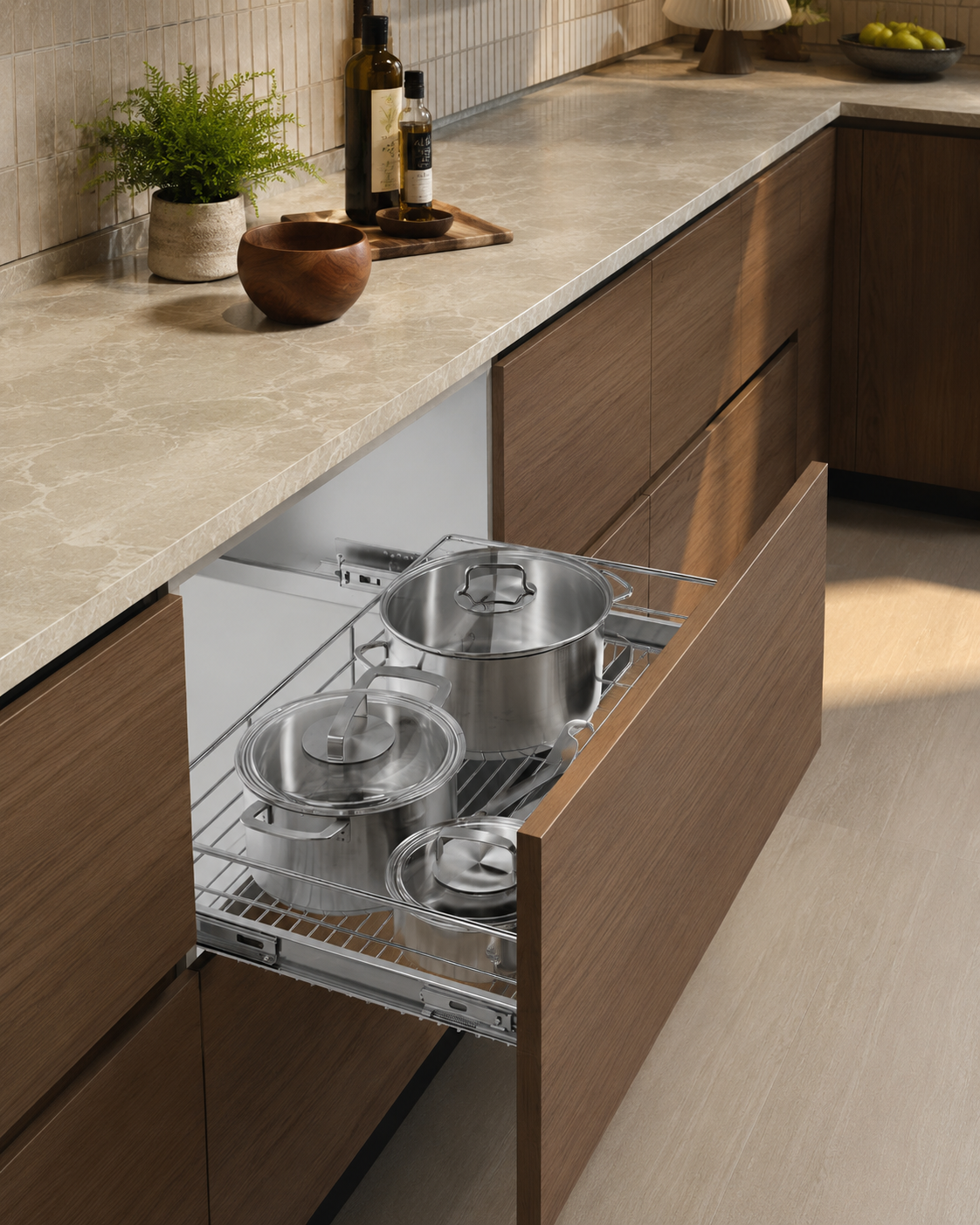Kitchen Base Cabinet Pull-Out Storage Solution for Pots and Cookware Organization Heavy Duty Pull-Out Cookware Organizer for Kitchen Base Cabinet Storage
