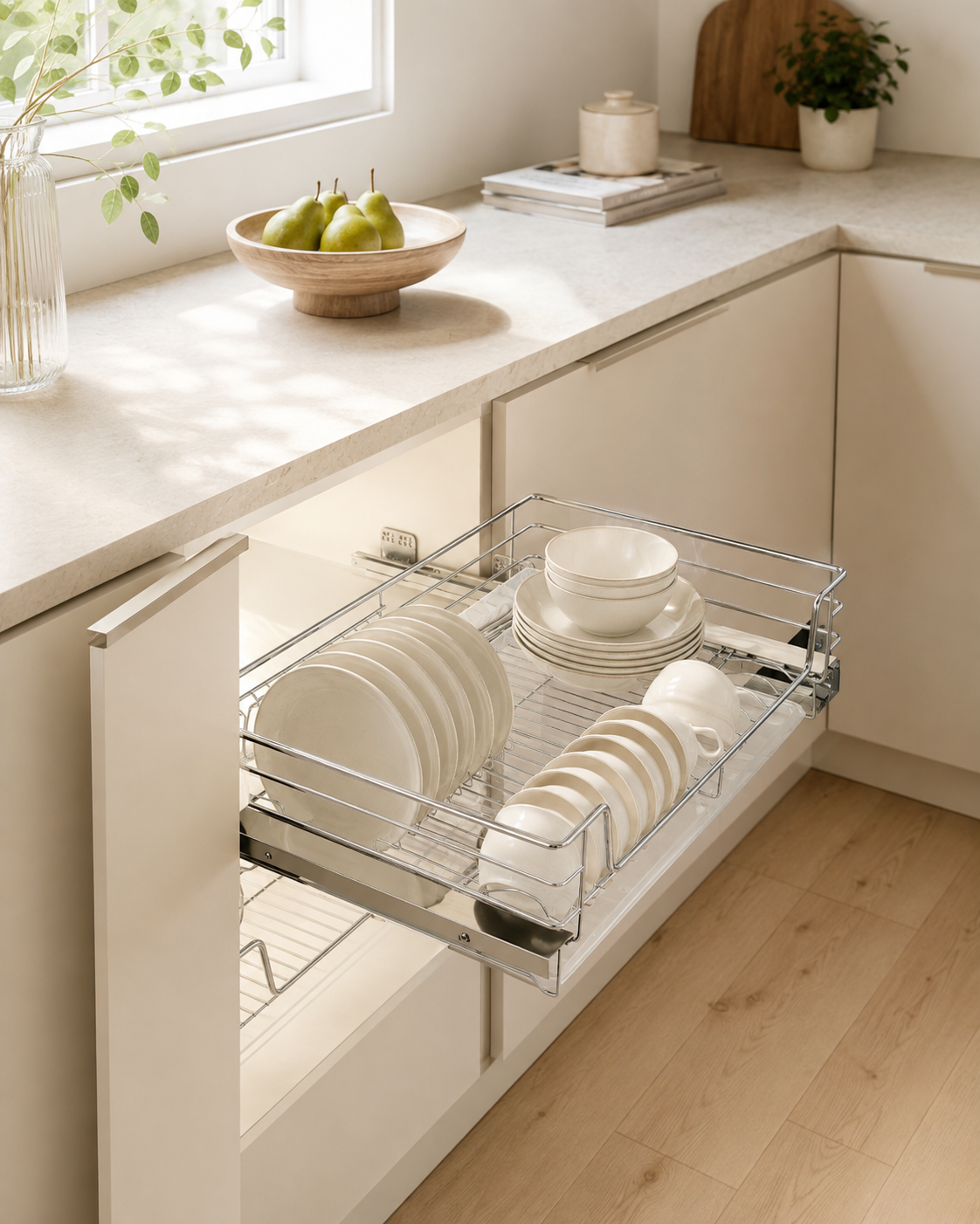 Modern Kitchen Base Cabinet Storage Solution with Pull-Out Dish Organizer Pull-out plate and bowl organizer installed in modern kitchen base cabinet