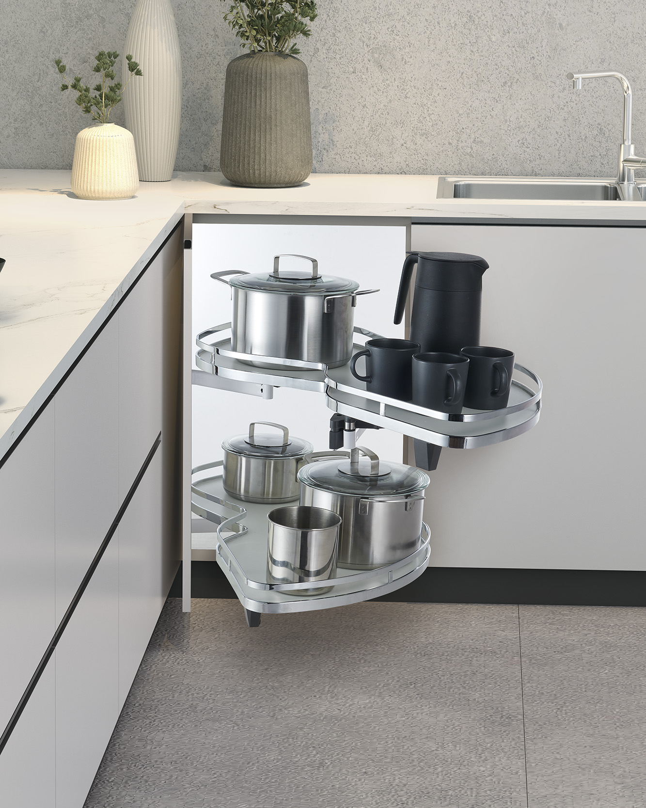 Welldo A011 Magic Corner Pull Out Basket for Blind Corner Cabinet A011 Magic Corner Pull Out Basket Installed in Blind Corner Kitchen Cabinet