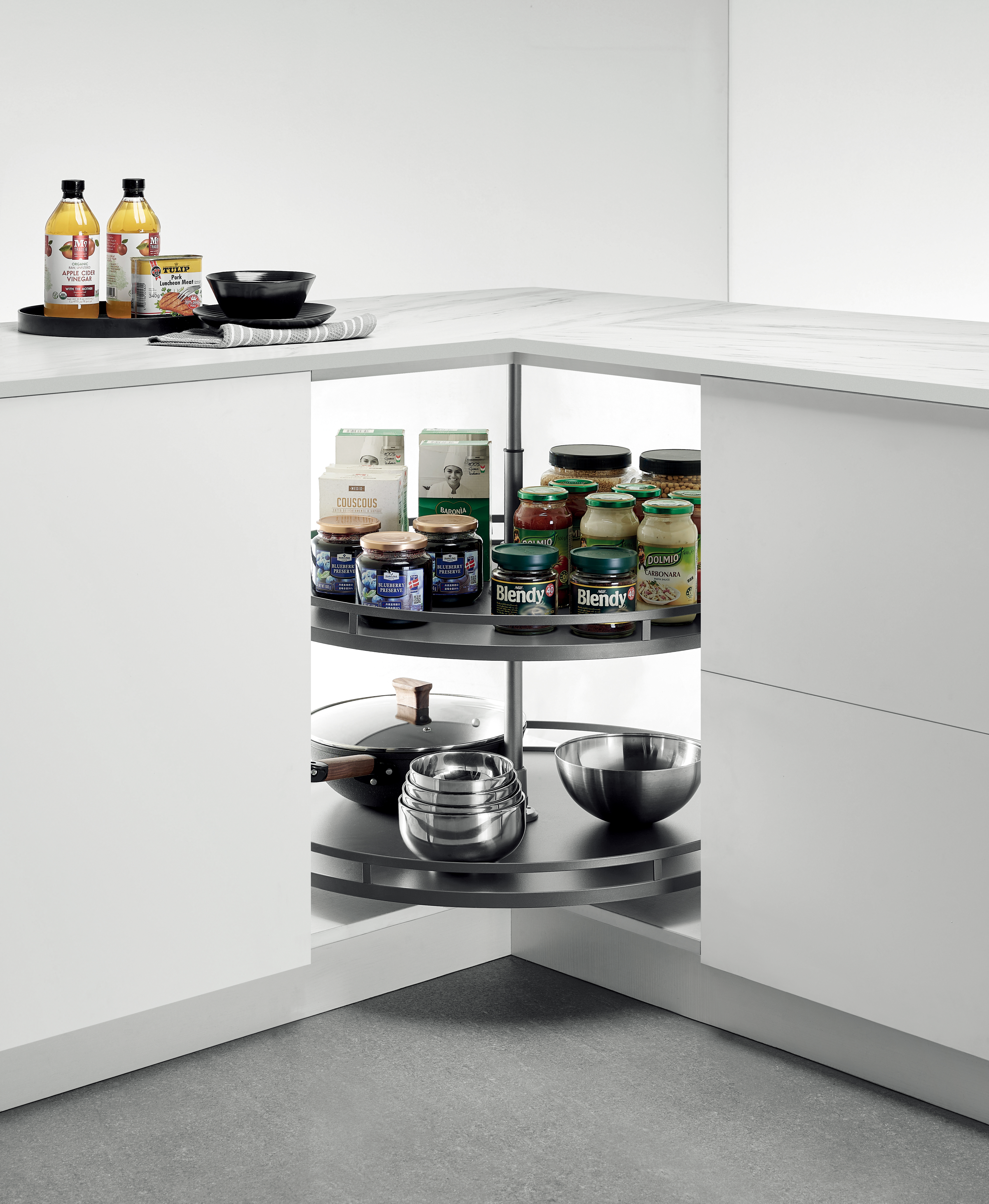 2 Tier 360 Degree Rotating Corner Basket for Kitchen Cabinet 360 Degree Rotating Corner Basket Installed in Kitchen Corner Cabinet