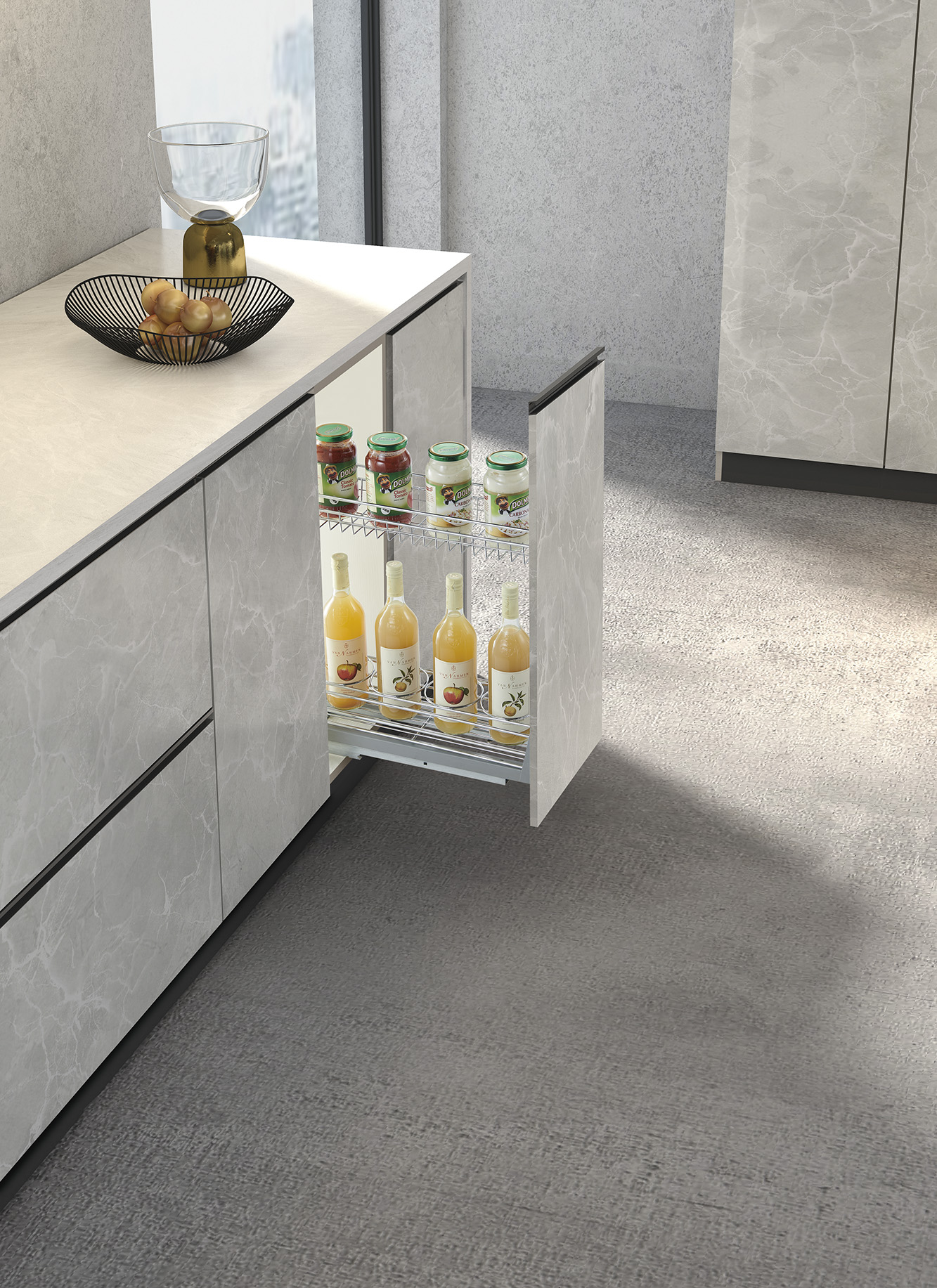 C142-01 Narrow Pull Out Basket for 200mm Kitchen Cabinet C142-01 200mm narrow pull out basket installed in kitchen base cabinet