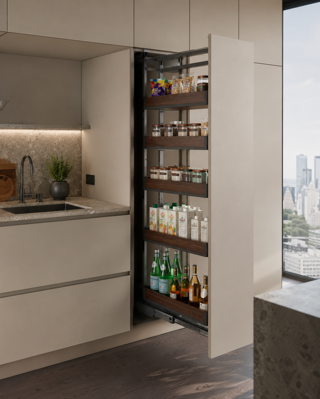 Steel wood slide out pantry system installed in a luxury apartment kitchen cabinet luxury-apartment-steel-wood-slide-out-pantry-system.png