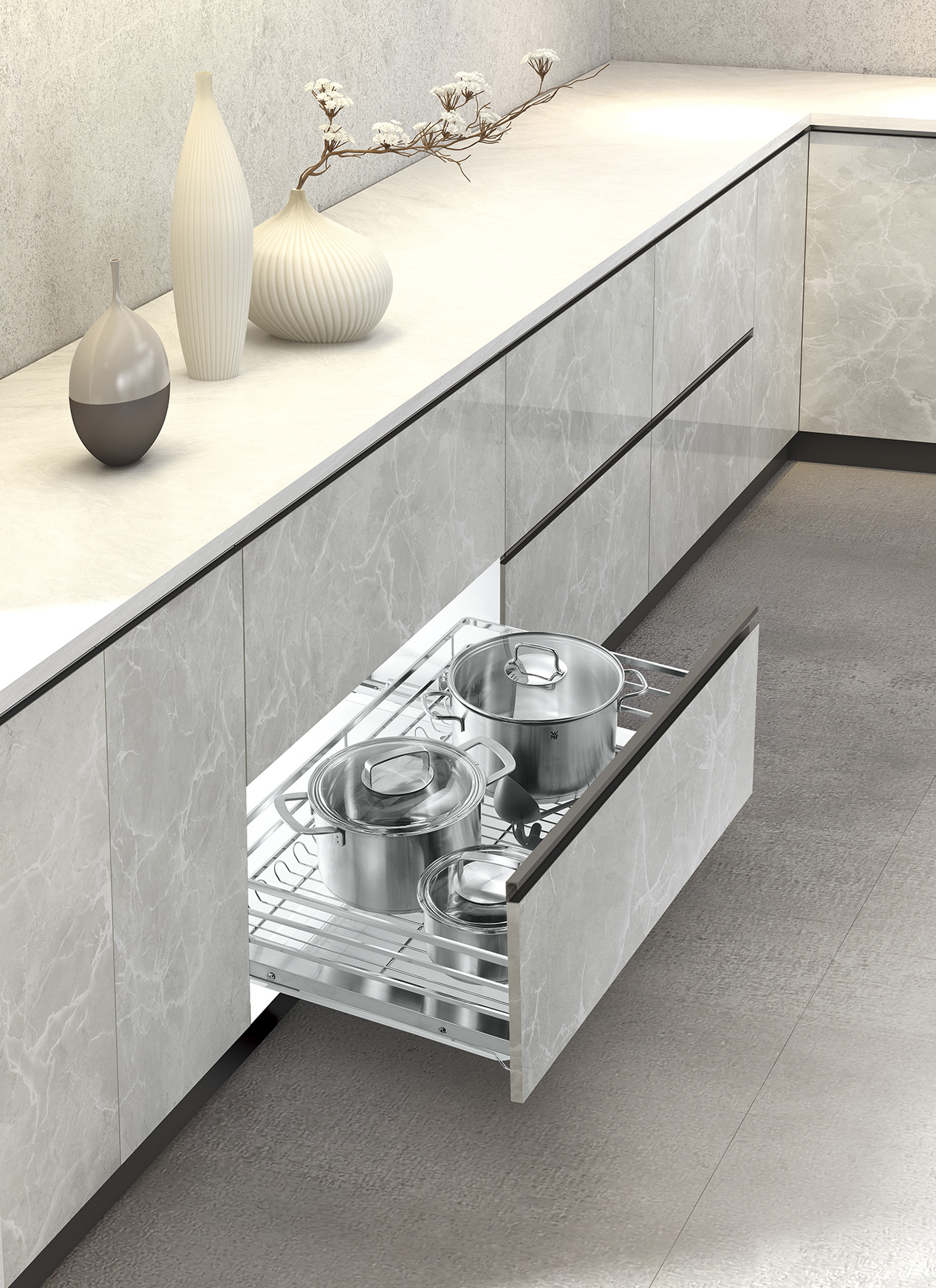 Four-Side Flat Pull-Out Basket Four-side flat pull-out basket for base cabinet cookware storage