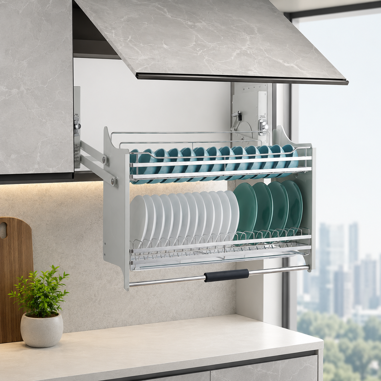 Upper Kitchen Cabinet Pull Down Plate Organizer with Lift Down Storage System Pull down plate rack installed in upper kitchen cabinet for organized dish storage
