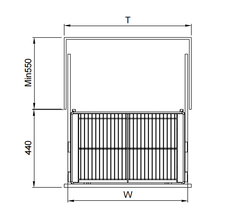 Four-Side Flat Pull-Out Basket Size Guide Dimension drawing for four-side flat pull-out basket cabinet installation