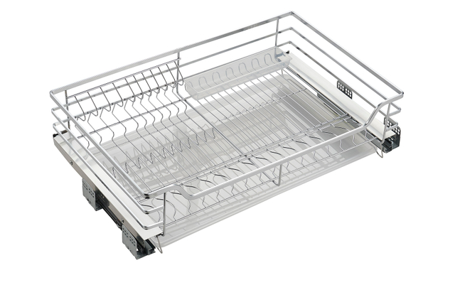Pull-Out Dish & Bowl Storage Basket with Plastic Drip Tray for Base Cabinet