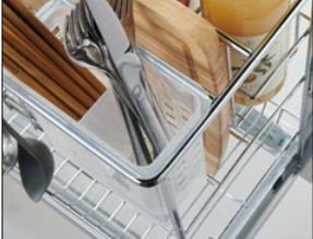 Pull out wire basket organizer with utensil holder and hanging hooks for kitchen cabinet