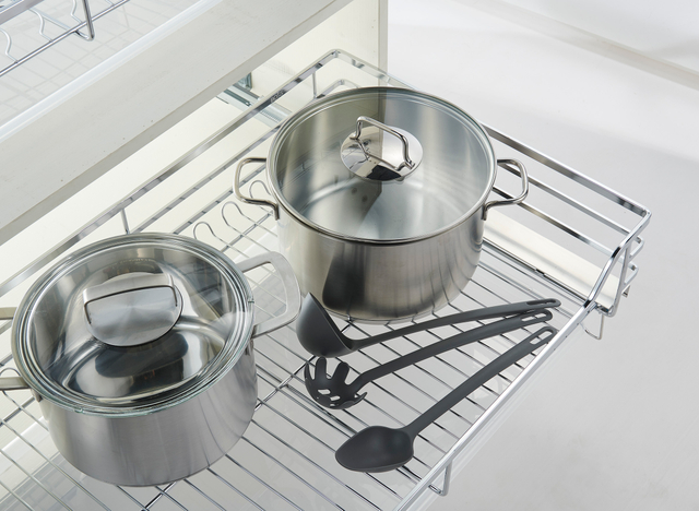 Square Bar Pull-Out Pot & Pan Basket with Lid Divider for Base Cabinet