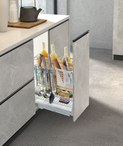 Pull out wire basket organizer with utensil holder and hanging hooks for kitchen cabinet