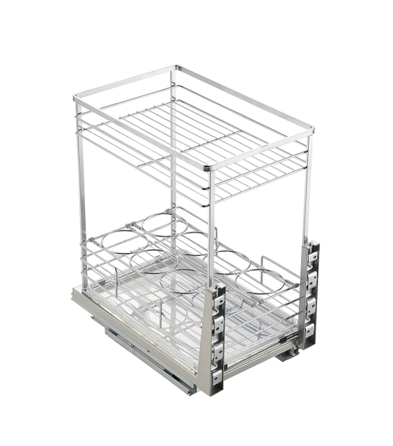 2 tier bottle and condiment pull out basket for narrow kitchen cabinet