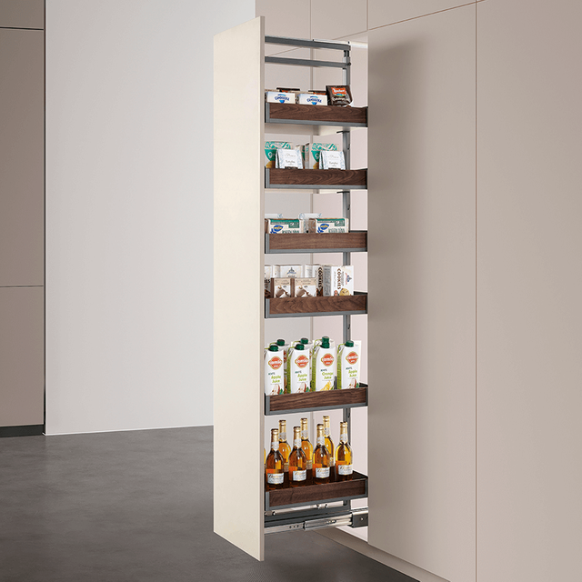 Steel wood slide out pantry system installed in a modern kitchen larder cabinet