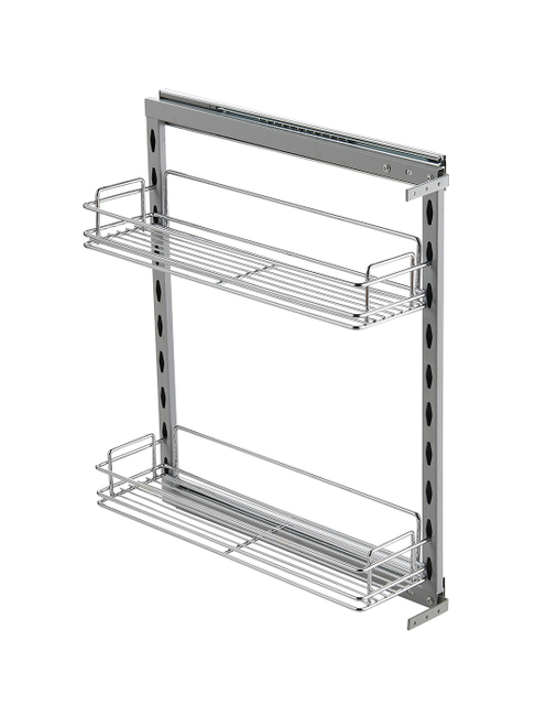 Side pull out spice basket installed in narrow kitchen cabinet