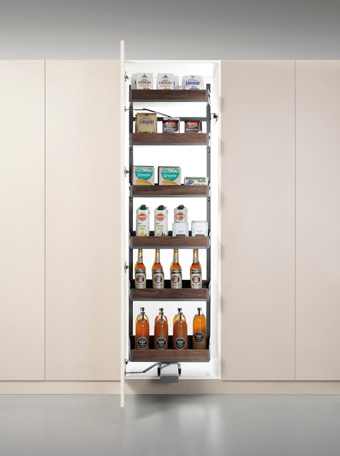 Luxury Full-Extension Tall Pull-out Pantry System with Walnut/Glass Panels