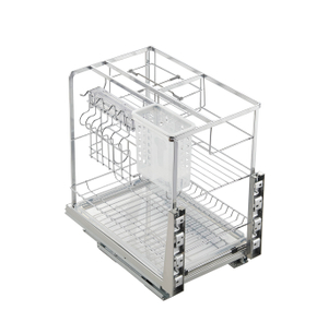 Multipurpose pull out basket for kitchen cabinet with utensil holder and storage compartments