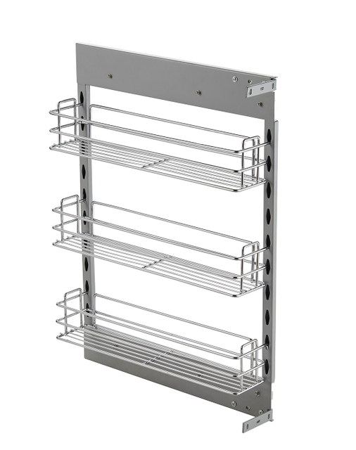 Slim pull out pantry storage system installed in narrow kitchen cabinet