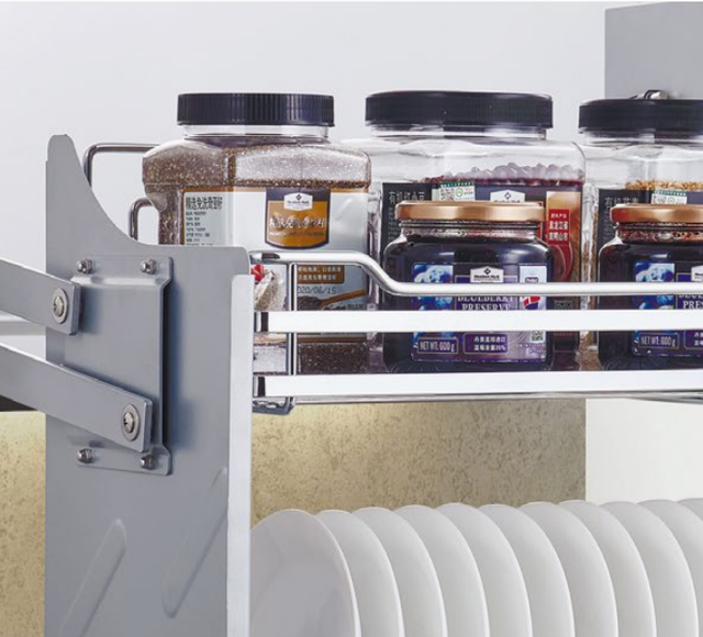 Pull Down Wall Cabinet Dish Basket with Upper Spice Shelf