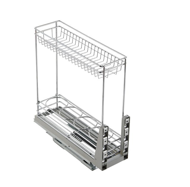 C142-01 Narrow Pull-Out Basket with Top Shelf & Bottle Holder