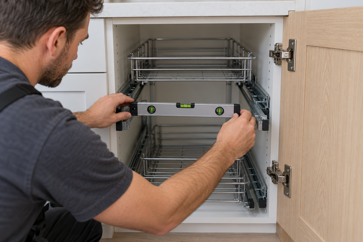 Checking pull-out basket slide alignment and hinge clearance.png