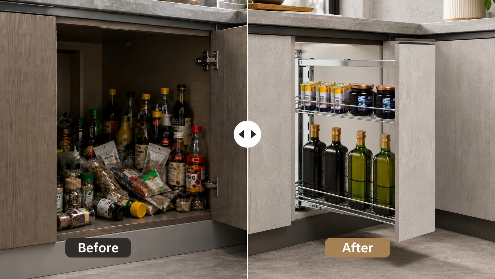 Side pull-out spice basket organizer for kitchen cabinets, maximizing narrow cabinet space and improving storage efficiency