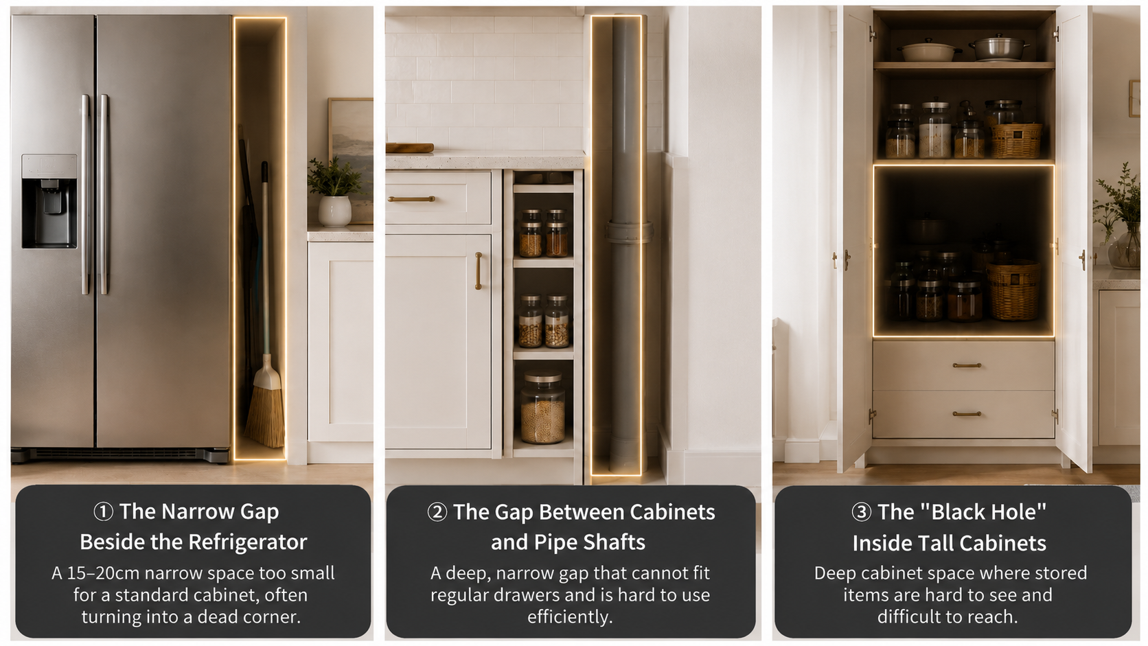 Narrow tall cabinet pull-out basket pain point illustration for refrigerator gaps and deep cabinet storage