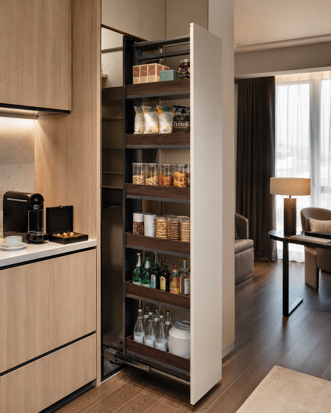 Serviced Apartment Pantry Storage Tall slide out pantry storage system for serviced apartment kitchen cabinet