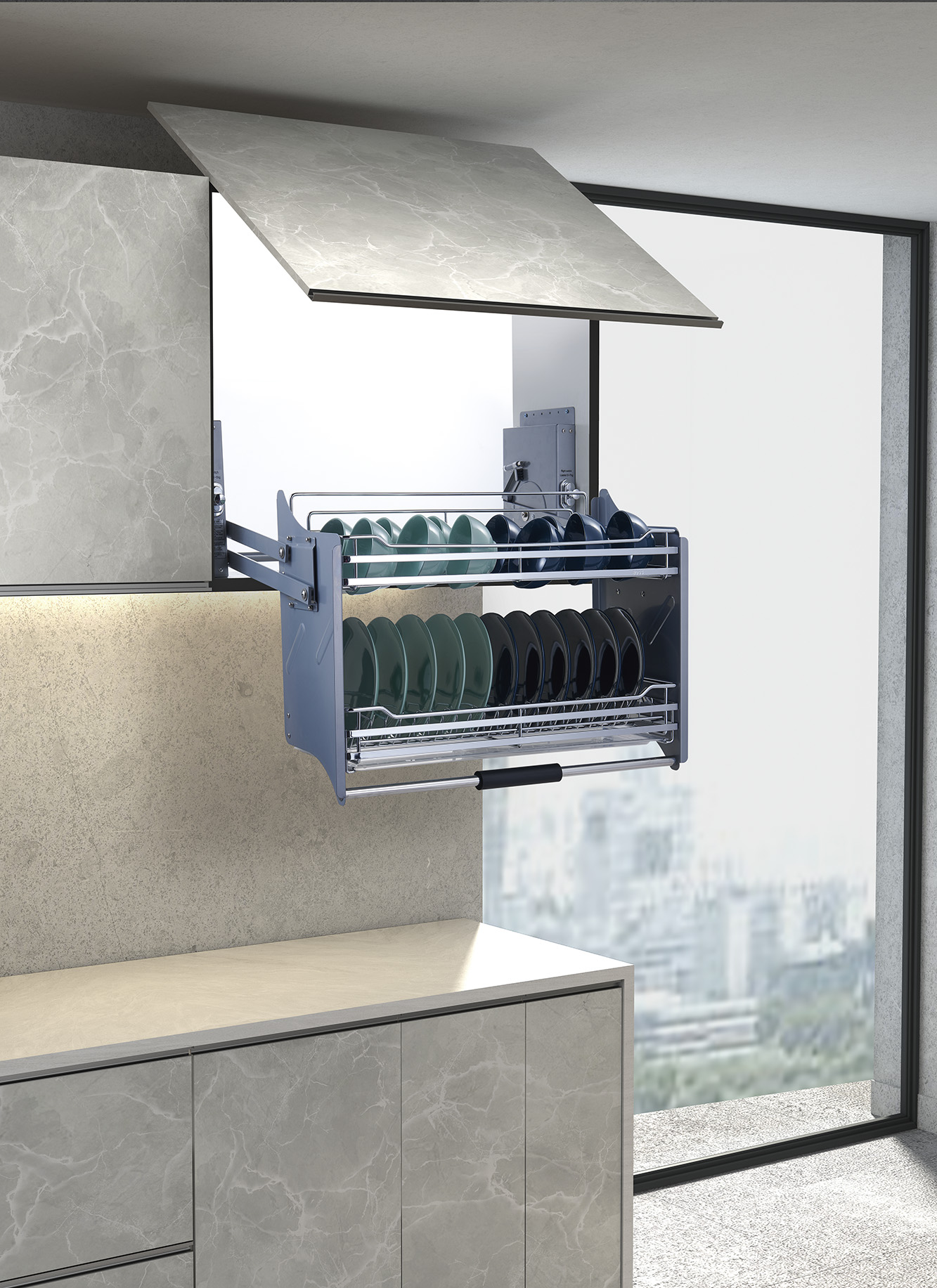 Pull down dish basket for wall cabinet with double layer storage and side cup holder