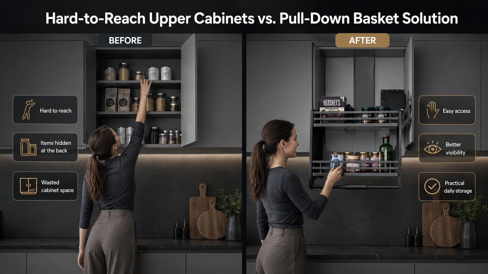 hard to reach upper kitchen cabinet pull down basket storage solution