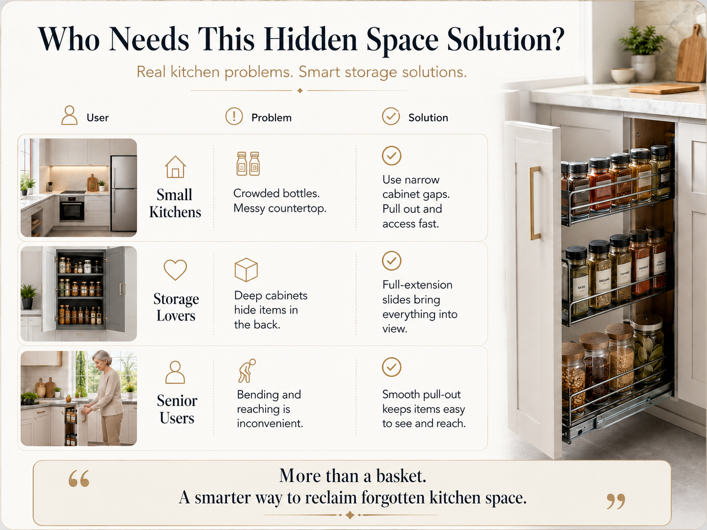 Side pull-out spice basket organizer designed for kitchen cabinet storage and narrow space optimization