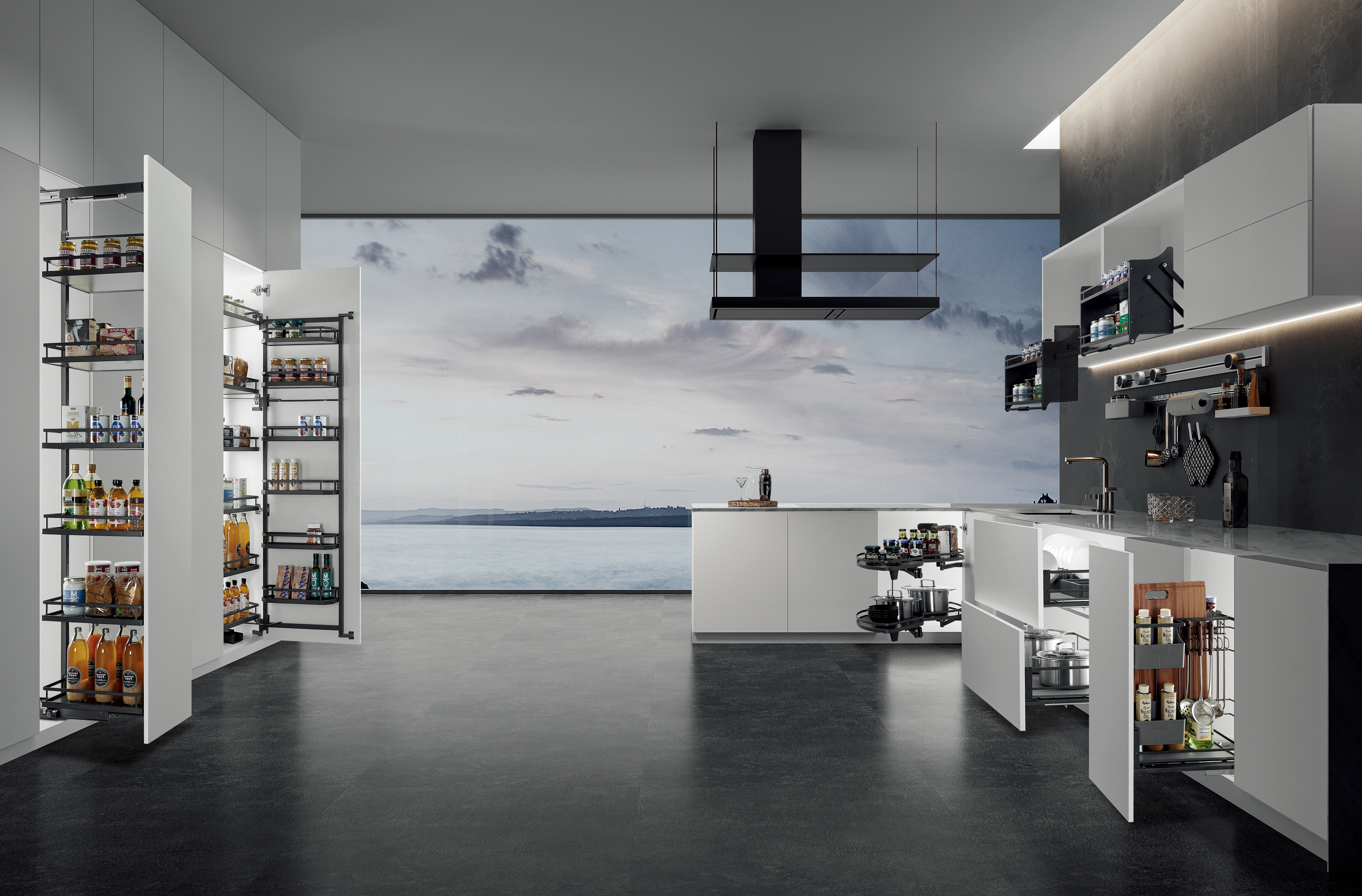 Modern kitchen storage solution with soft close pull out basket systems