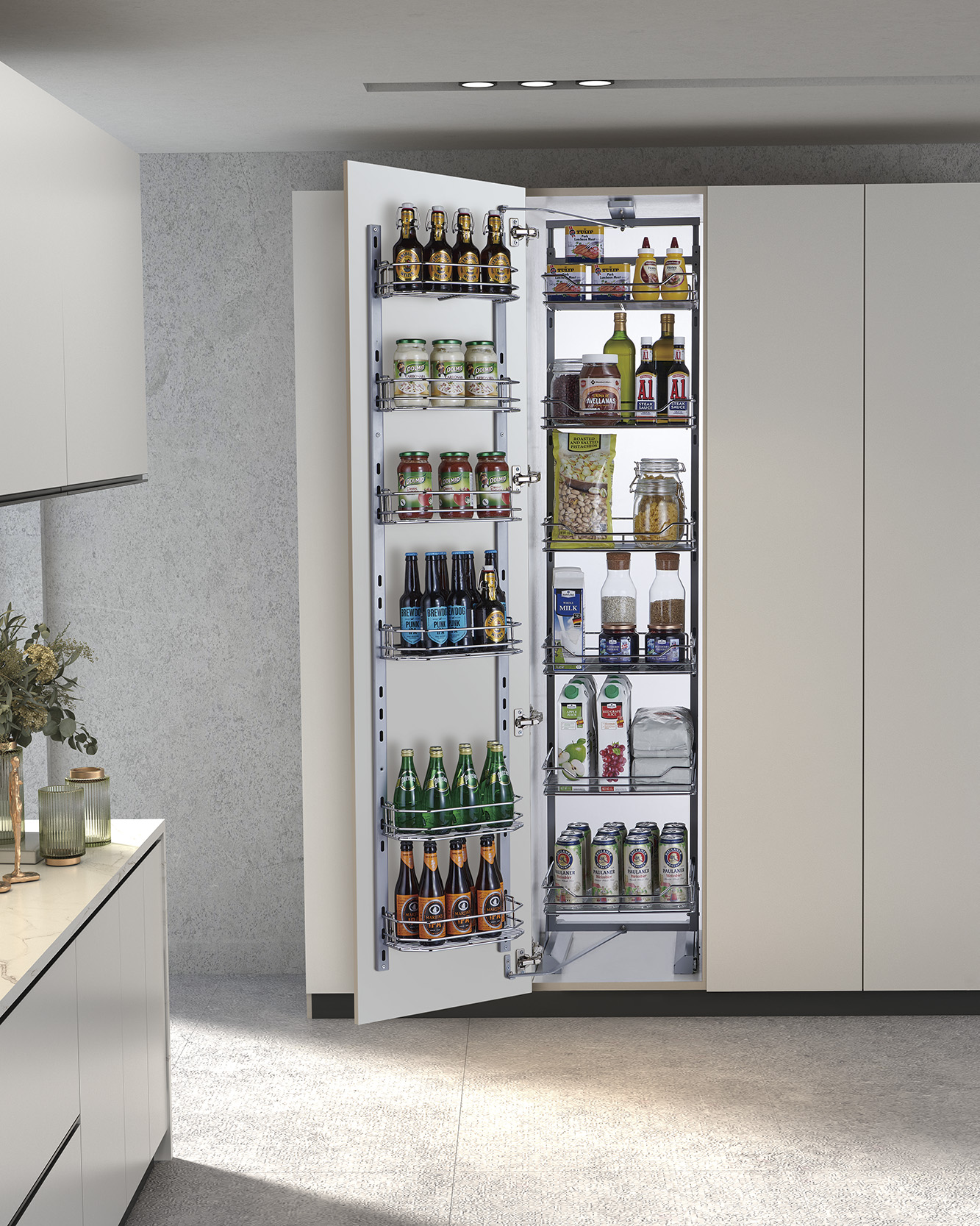 Soft close tall pantry pull out basket for modern kitchen cabinet storage