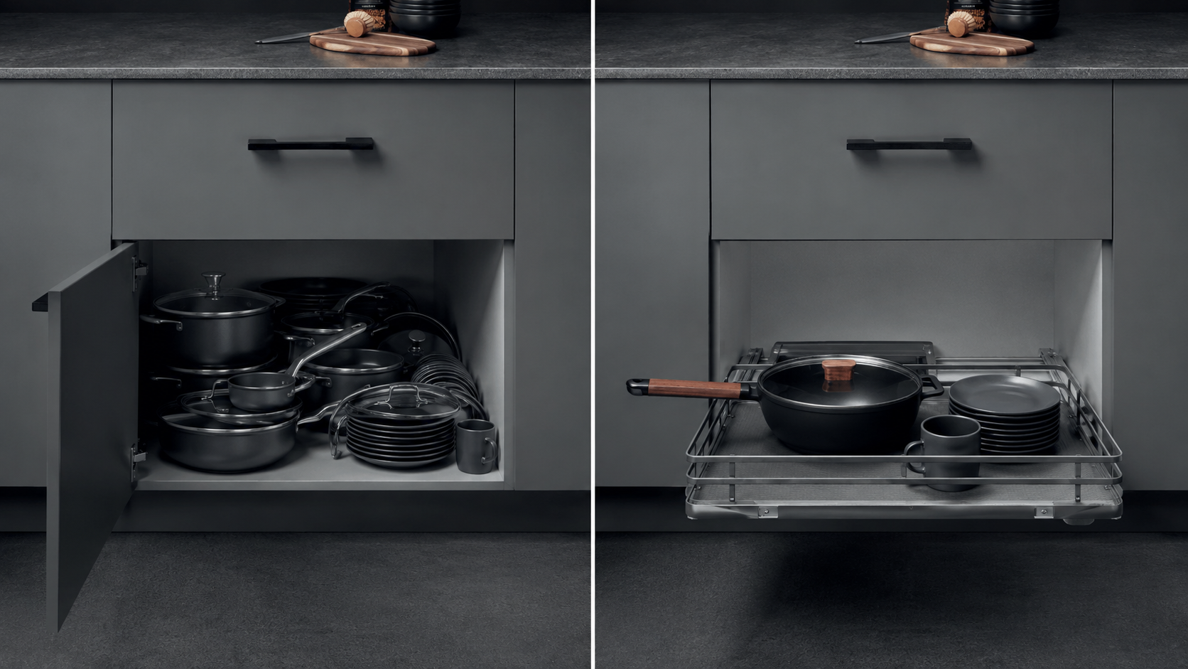 Kitchen pull-out basket compared with fixed shelves for pot and pan storage
