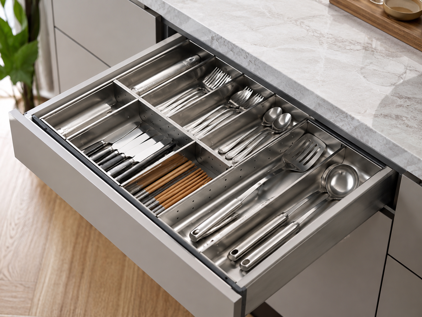 Stainless steel cutlery tray installed in a modern kitchen drawer with organized utensils