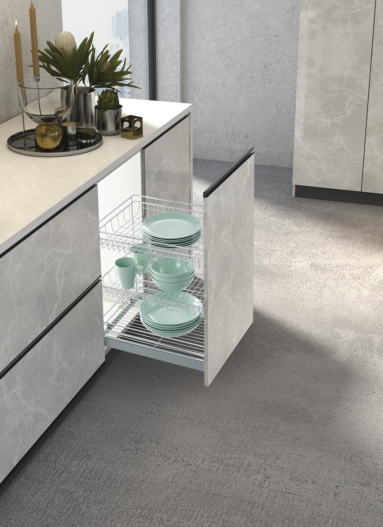 Round wire pull out basket for narrow kitchen base cabinet tableware storage