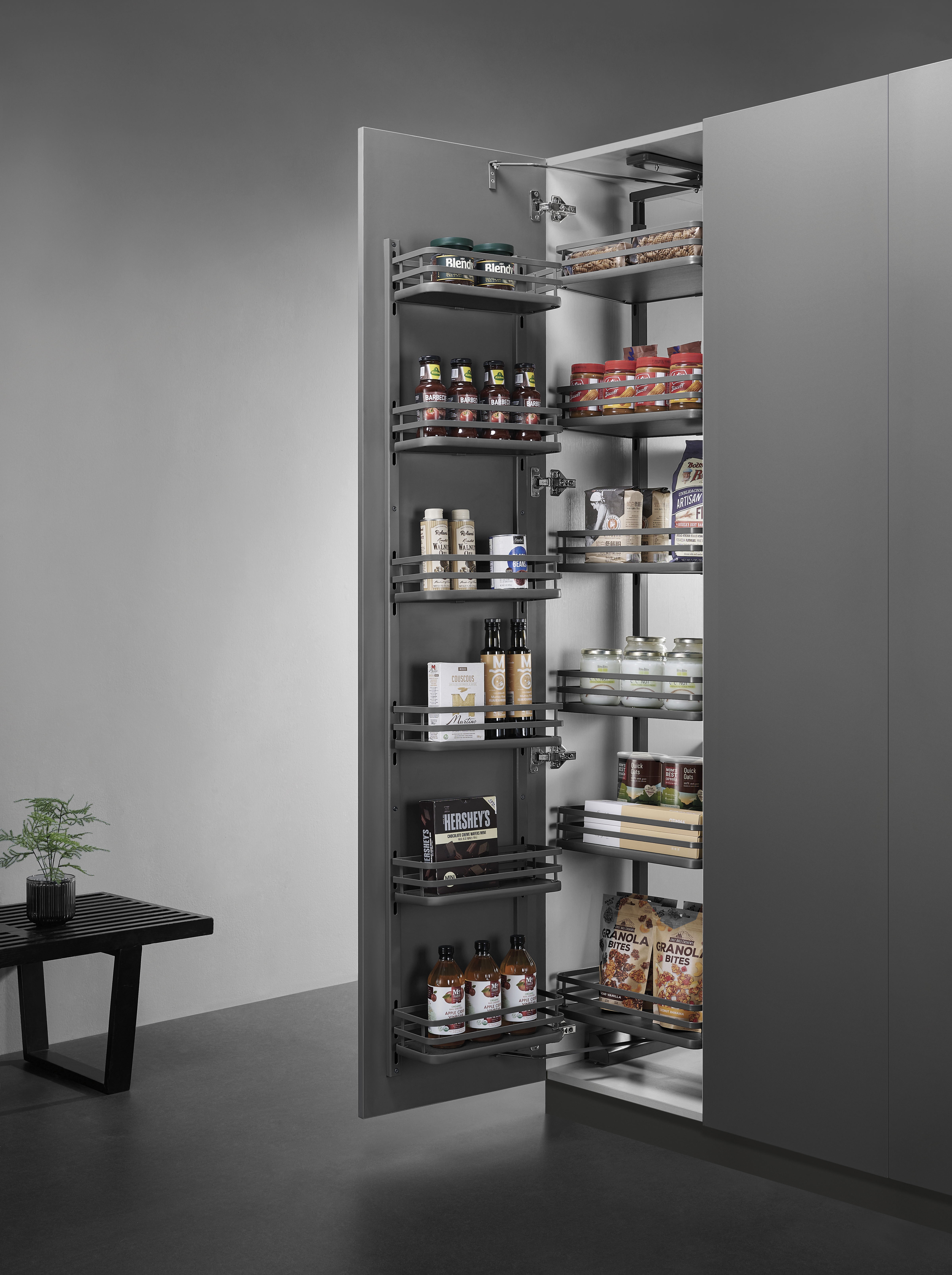 Door-mounted pantry pull-out basket system for tall kitchen cabinets