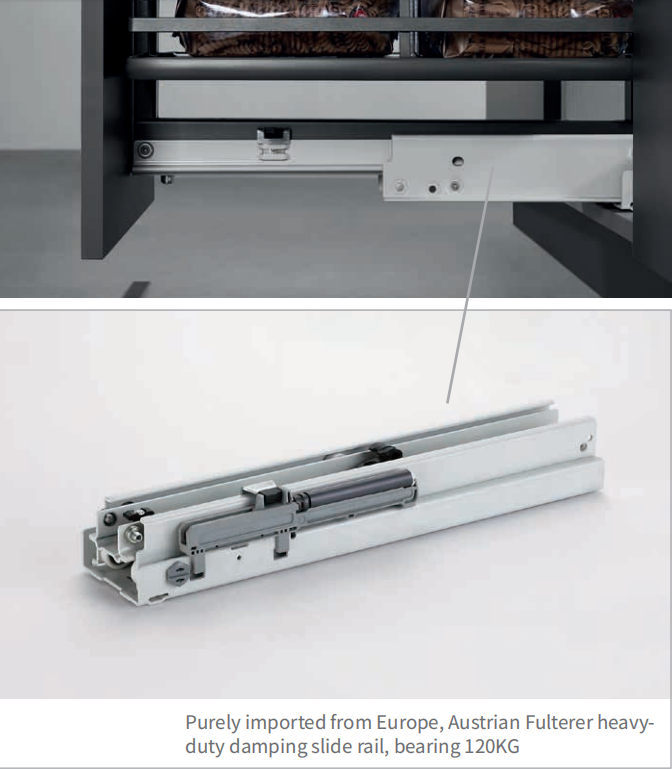 Heavy duty soft close slide rail with 120KG load capacity for kitchen pull out basket
