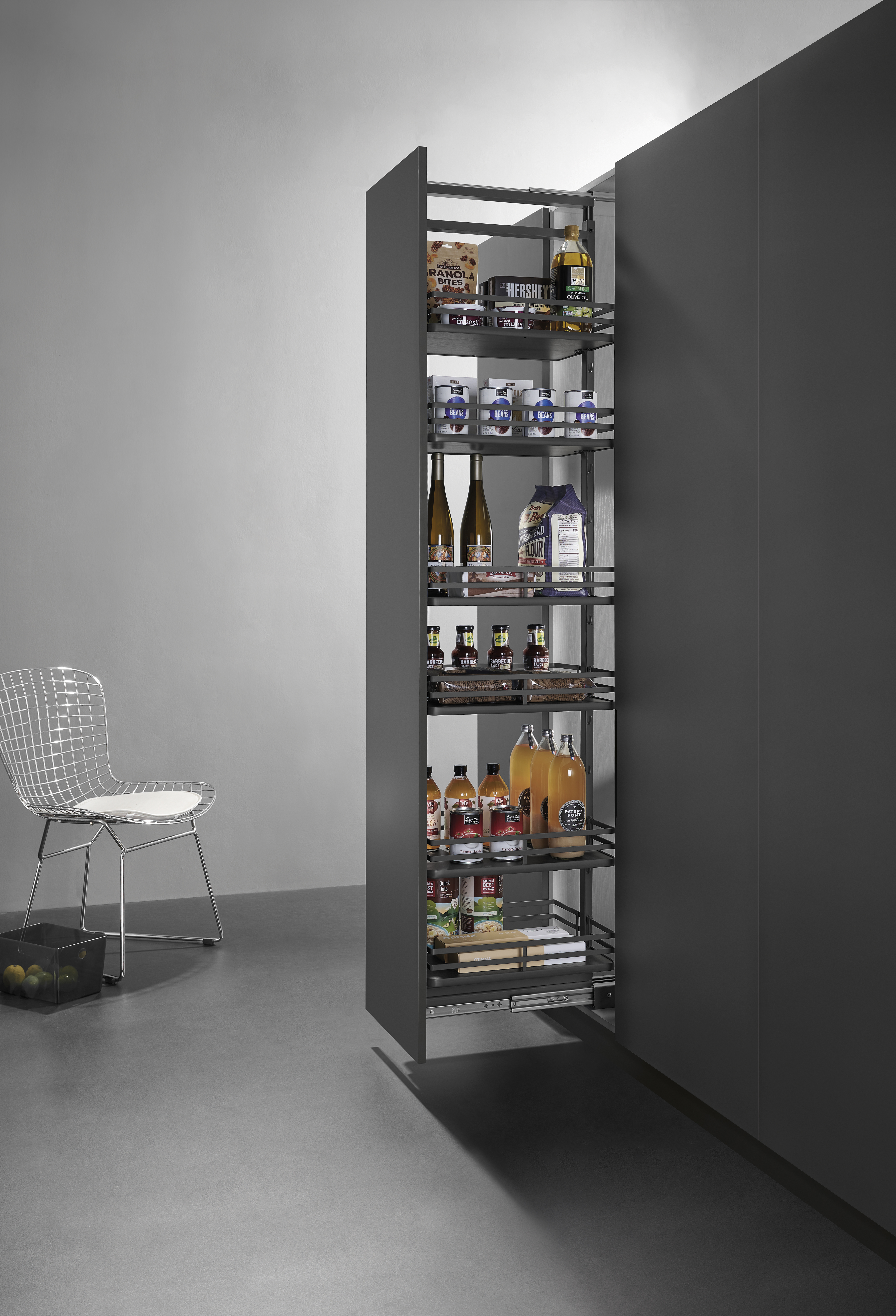 Pull-out pantry basket for tall kitchen cabinet storage