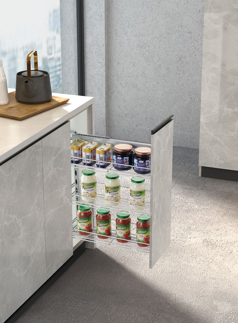 E131 narrow pull out pantry basket for slim kitchen cabinet