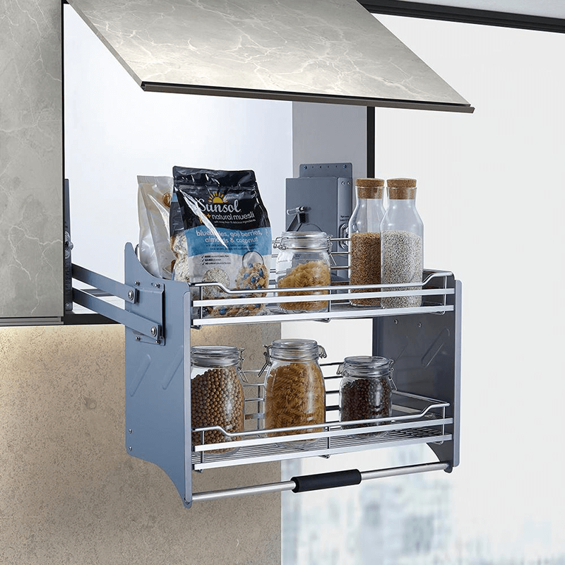 Pull Down Cabinet Basket installed in a modern kitchen wall cabinet
