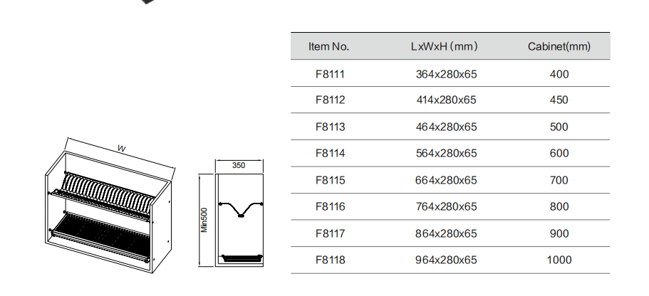 Welldo F8111 to F8118 stainless steel pull-out dish rack size chart for kitchen cabinets