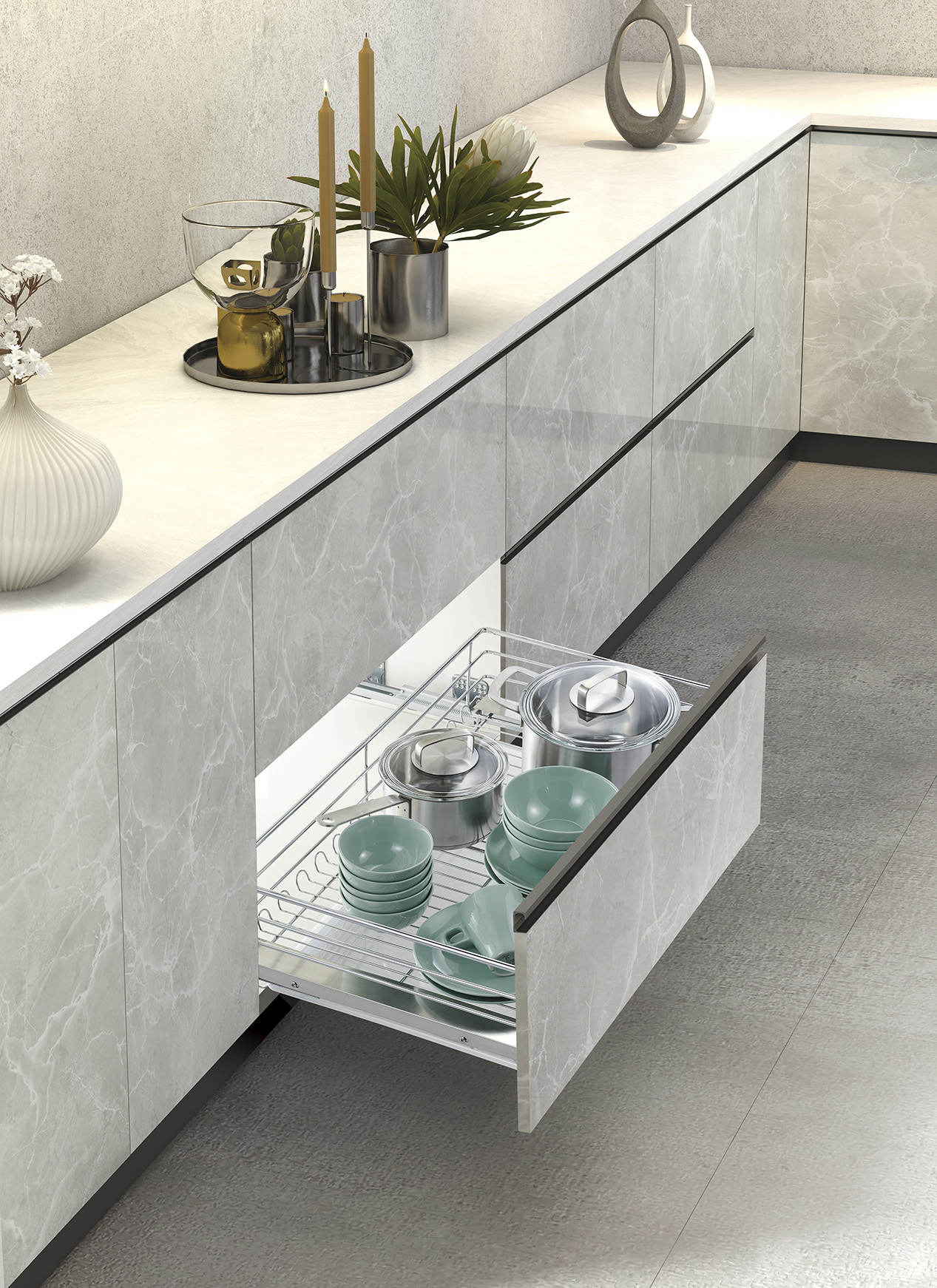 Square bar pot and pan pull-out basket for kitchen base cabinet storage