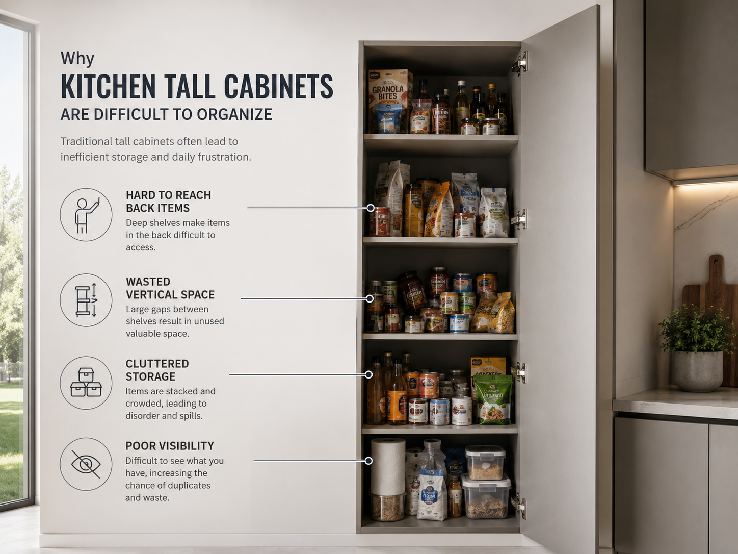 Why kitchen tall cabinets are difficult to organize with fixed shelves