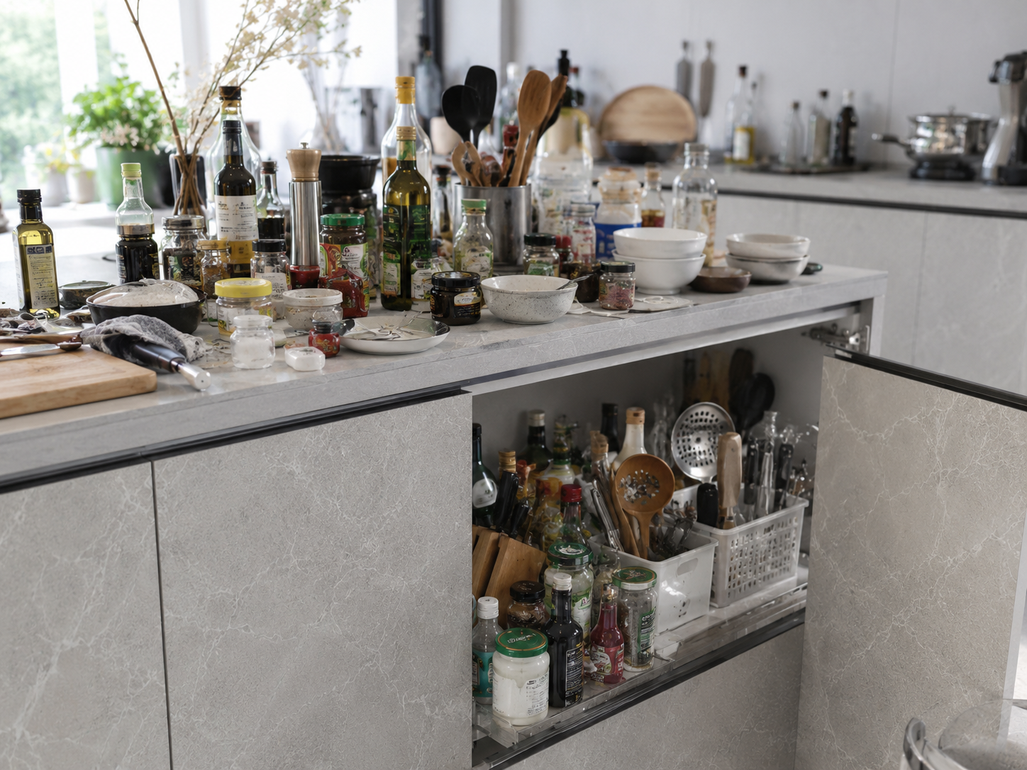 messy kitchen countertop with bottles and cooking tools