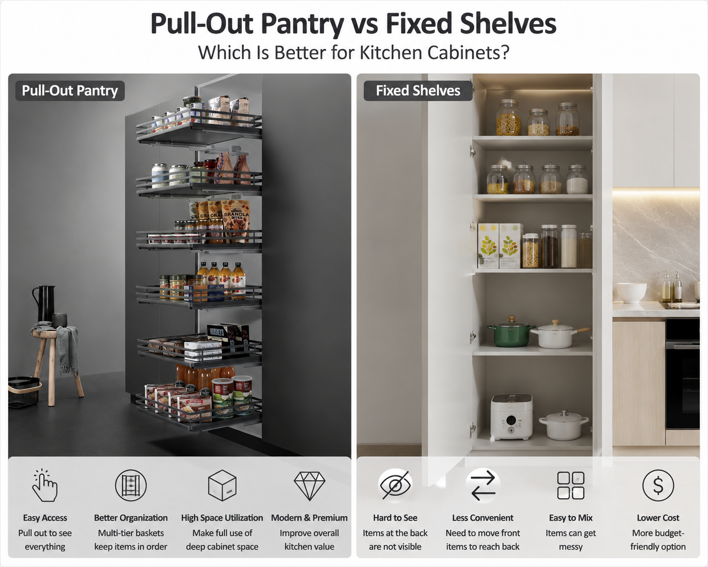 Pull-out pantry vs fixed shelves for kitchen cabinet storage comparison